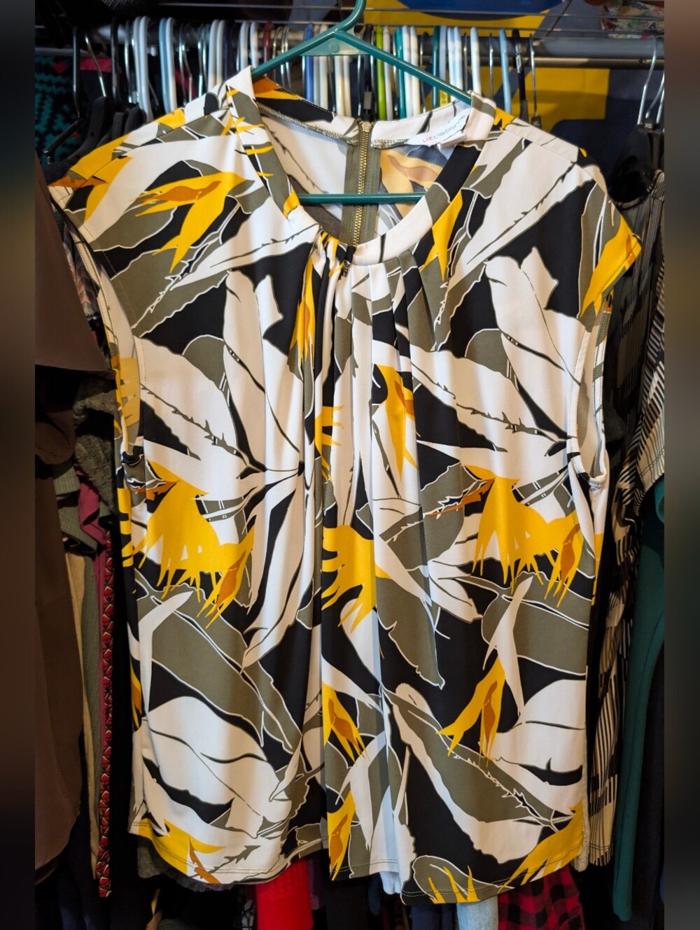 Liz Claiborne Yellow, White & Black Floral Print Sleeveless Top
